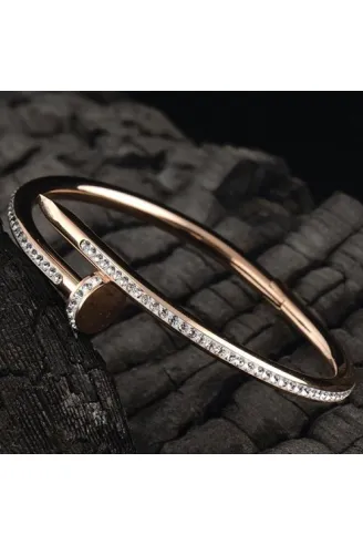 Kadın Çelik Bileklik - Rose Zirkon Taşı Işlemeli Çivi Model Çelik Bileklik