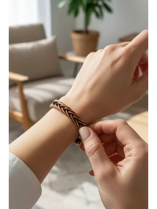 Erkek Kadın Bakır Bileklik - Örgü Model 3 Kelepçe Bileklik Bilezik Metal Kutu Ve Doğal Taş