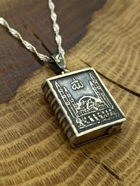 Allah Yazılı Camii Motifli Kitap Bayan Gümüş Kolye Zincir GKLGMSLLHER