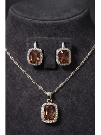 Kadın Gümüş Kolye Küpe Set - Kare Model Zultanit Taşlı Kadın Gümüş Set
