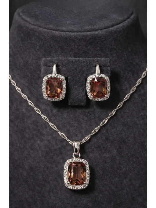 Kadın Gümüş Kolye Küpe Set - Kare Model Zultanit Taşlı Kadın Gümüş Set