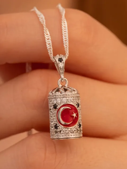 Silindir Ay Yıldız Kadın 925 Ayar Gümüş Kolye Zincir Gklgmsslınr