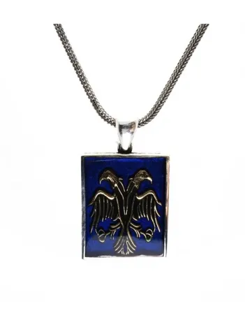 Mavi Mineli Çiftbaşlı Selçuklu Kartalı Erkek Gümüş Kolye Zincir Orta Boy