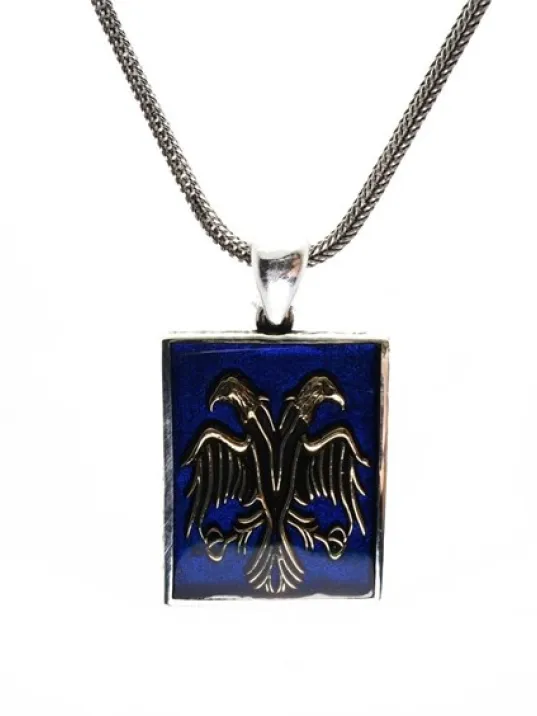 Mavi Mineli Çiftbaşlı Selçuklu Kartalı Erkek Gümüş Kolye Zincir Orta Boy