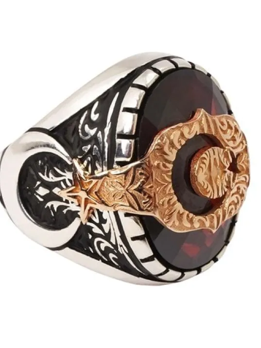 Altın Yaldızlı Ay Yıldız Gümüş Erkek Yüzük