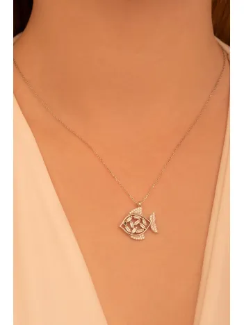 Baget Taşlı Balık Bayan Gümüş Kolye Zincir GKLBEYBALIK-GMS-Gümüş