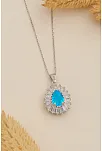 Kadın Gümüş Kolye - Damla Model Mavi Topaz Taşlı Baget Süslemeli Rodyumlu Kadın Kolye