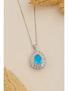 Kadın Gümüş Kolye - Damla Model Mavi Topaz Taşlı Baget Süslemeli Rodyumlu Kadın Kolye
