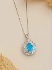 Kadın Gümüş Kolye - Damla Model Mavi Topaz Taşlı Baget Süslemeli Rodyumlu Kadın Kolye