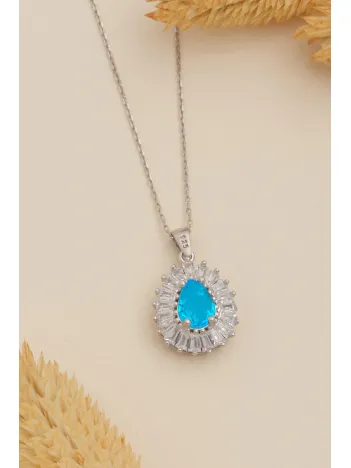 Kadın Gümüş Kolye - Damla Model Mavi Topaz Taşlı Baget Süslemeli Rodyumlu Kadın Kolye