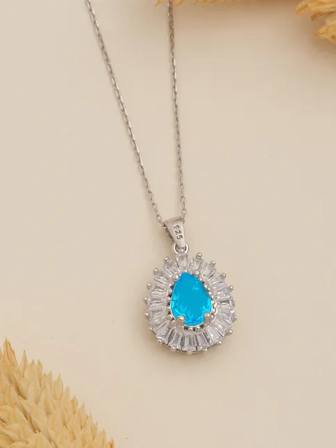 Kadın Gümüş Kolye - Damla Model Mavi Topaz Taşlı Baget Süslemeli Rodyumlu Kadın Kolye