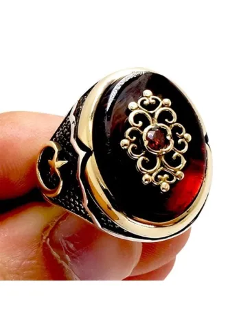 Ay Yıldızlı Otantik Tasarım Kırmızı Erkek Gümüş Yüzük