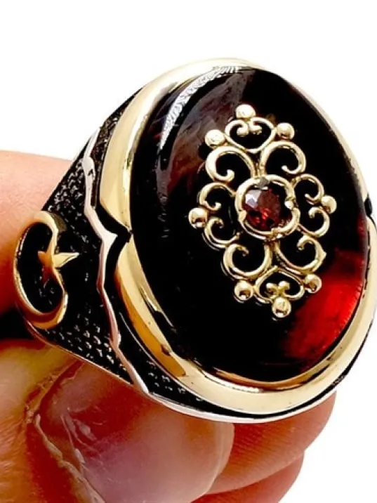 Ay Yıldızlı Otantik Tasarım Kırmızı Erkek Gümüş Yüzük Ay Yıldızlı Otantik Tasarım Kırmızı Erkek Gümüş Yüzük