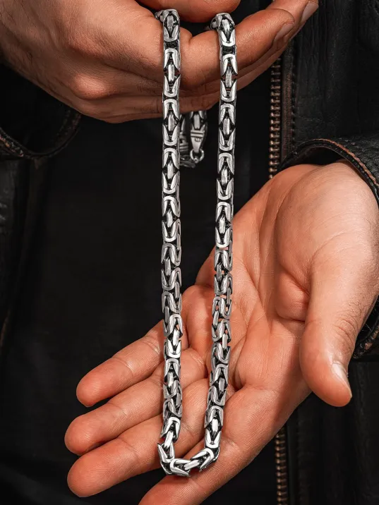 Erkek Gümüş Kolye - 7mm Füzyon Kare Kral Gümüş Erkek Zincir