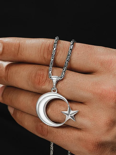 Erkek Gümüş Kolye - Ay Yıldız Motifli Kral Zincirli Erkek Kolye