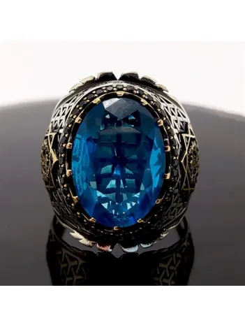 Osmanlı Armalı Aqua Marine Taşlı Gümüş Erkek Yüzük