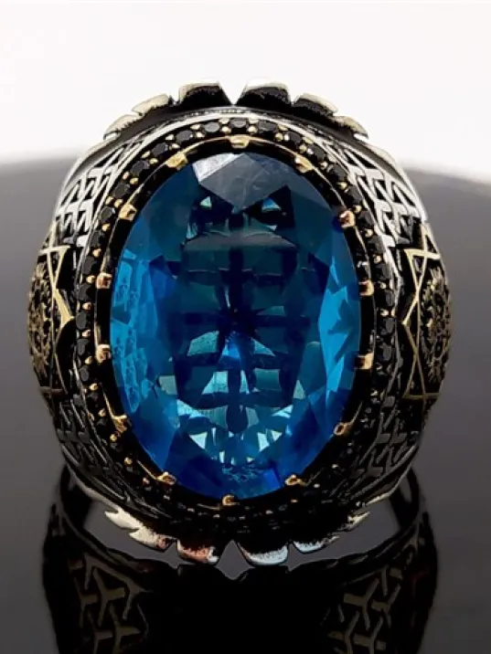 Osmanlı Armalı Aqua Marine Taşlı Gümüş Erkek Yüzük Osmanlı Armalı Aqua Marine Taşlı Gümüş Erkek Yüzük