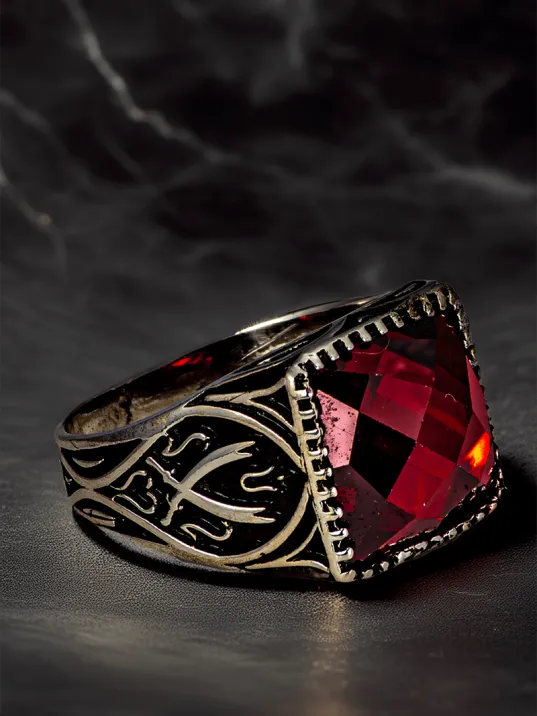 Erkek Yakut Taşlı Yanı Çift Zülfikar Kılıcı İşlemeli 925 Ayar Gümüş Yüzük