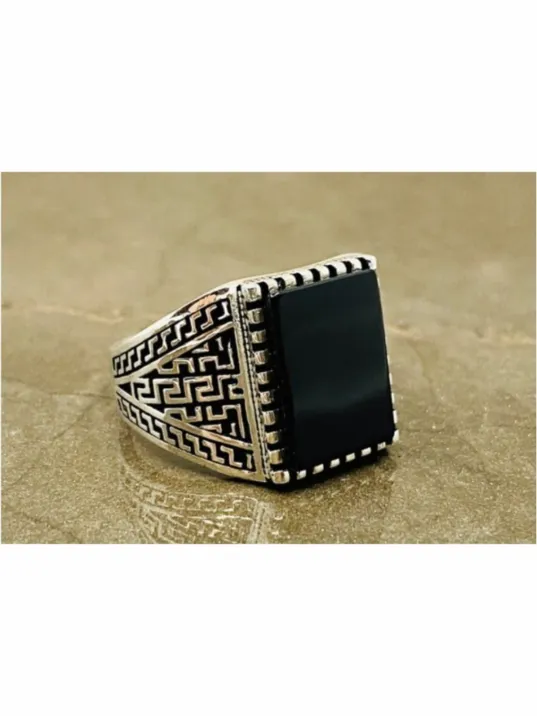Erkek Gümüş Yüzük - Oniks Kare Taşlı 925 Ayar Gümüş Erkek Yüzük
