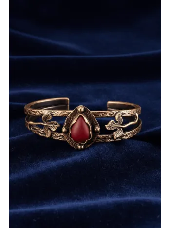 Kadın Bakır Bileklik - Kırmızı Akik Taşlı Damla Model Kadın Bilezik Metal Kutu ve Doğal Taşlar
