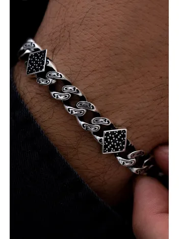 Erkek Gümüş Bileklik - Zirkon Taşlı Geometrik Şekilli Oksitli Gurmet Zinciri Model 4 Gümüş Bileklik