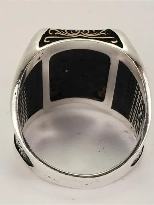 Vav Elif Mavi Mineli Gümüş Erkek Yüzük