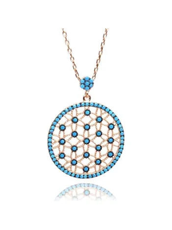 Turkuaz Zirkon Taşlı Rose Renk Yaşam Çiçeği Bayan Gümüş Kolye