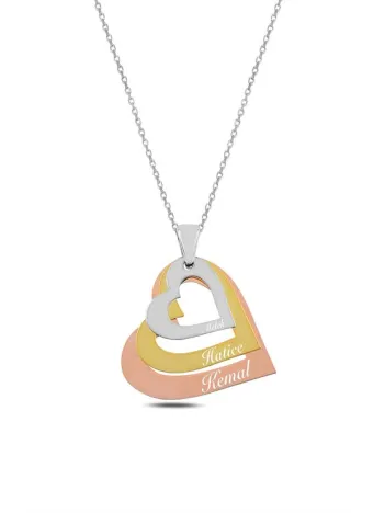 Kişiye Özel 3 Isimli Kalpli Gümüş Kolye