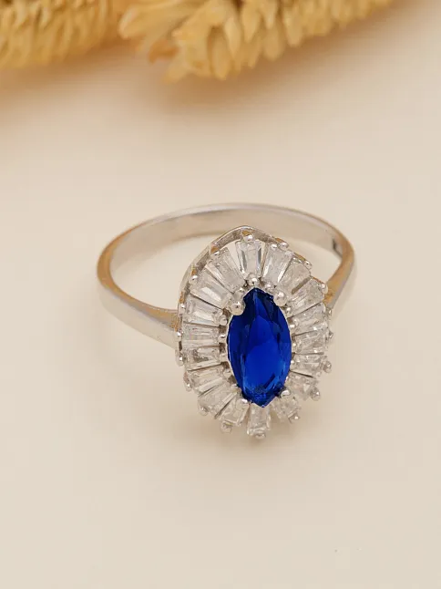 Kadın Gümüş Yüzük - Damla Model Safir Taşlı Baget Süslemeli Rodyumlu Kadın Yüzük