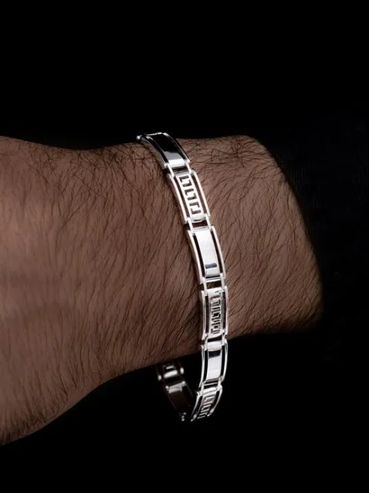 Beyaz Grek Desenli Gümüş Erkek Bileklik Künye