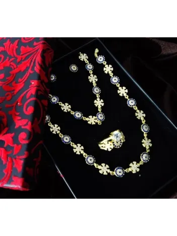 Altın Kaplama Kartanesi Temalı Gümüş Gerdanlık Bileklik Yüzük Küpe Takı Seti