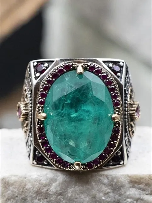 Yeşil Paraiba Taşlı Yanları Zirkon Taş Süslü 925 Ayar Gümüş Erkek Yüzük