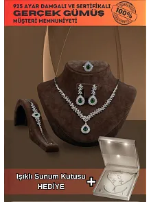 Çise Bayan Zümrüt Taşlı Gümüş Su Yolu Set - Kolye, Bileklik, Küpe, Yüzük