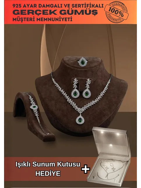 Çise Bayan Zümrüt Taşlı Gümüş Su Yolu Set - Kolye, Bileklik, Küpe, Yüzük