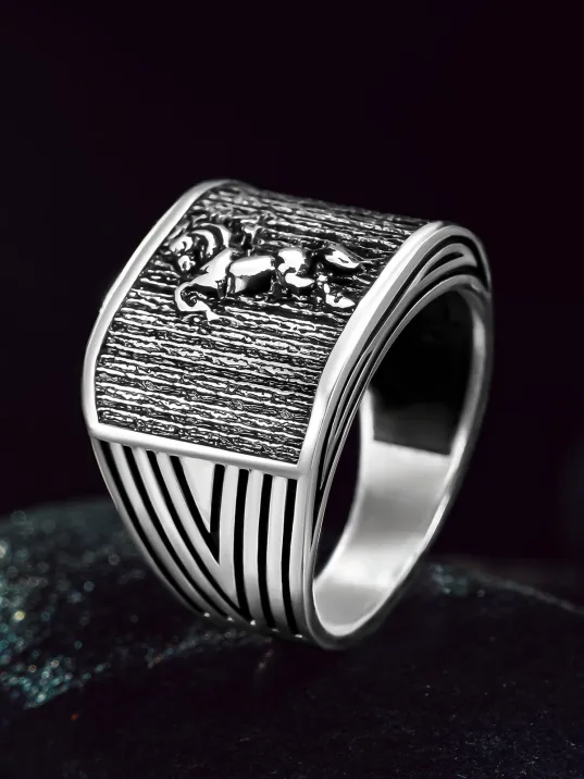 Erkek Gümüş Yüzük - At Figürlü 925 Ayar Erkek Yüzük