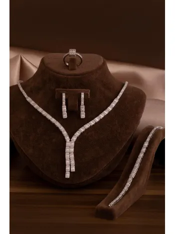 Kadın Gümüş Takı Seti - Dilruba Baget Taşlı Kare Model Kolye, Bileklik, Yüzük, Küpe Tam Set