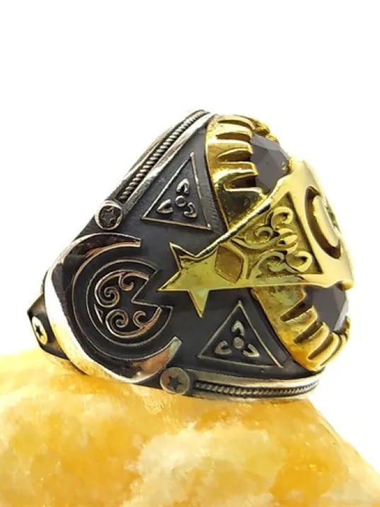 Kırmızı Zirkon Taşlı Ay Yıldız Erkek Gümüş Yüzük