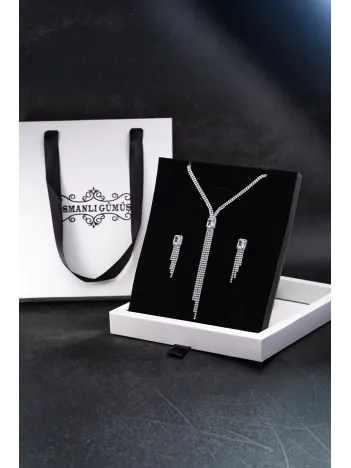 Kadın Bijuteri Kolye Küpe Set - Valeria Model Baget Ve Zirkon Taşlı Zarif Su Yolu Set