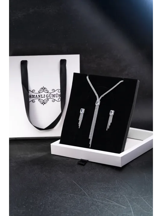 Kadın Bijuteri Kolye Küpe Set - Valeria Model Baget Ve Zirkon Taşlı Zarif Su Yolu Set