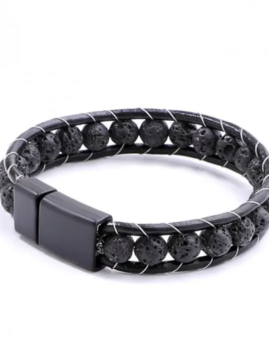 Lav Taşı Doğaltaş Erkek Deri Bileklik