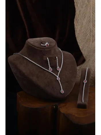 Ela Bayan Yakut Taşlı Gümüş Su Yolu Set - Kolye, Bileklik, Küpe, Yüzük