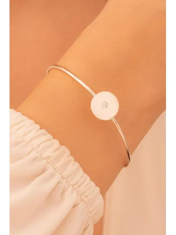 Kadın Gümüş Bileklik - El Yapımı Gümüş Zirkon Taşlı Yuvarlak Motifli Kadın Bileklik Kelepçe