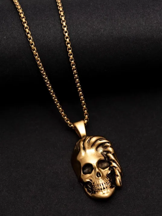 Erkek Kolye - Saçlı Kurukafa Model Erkek Çelik Kolye - 316 L Paslanmaz Çelik Kolye