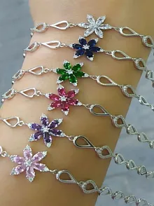 Damla Model Nergis Çiçeği Zirkon Taşlı Bayan Gümüş Bileklik-Pembe
