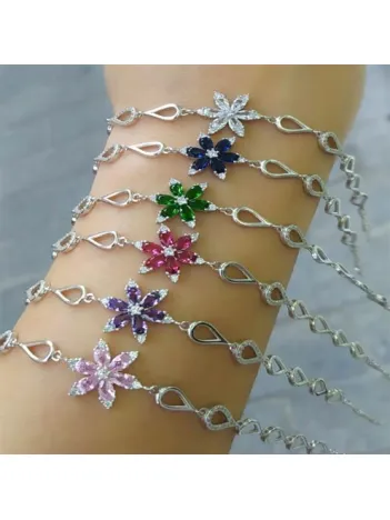 Damla Model Nergis Çiçeği Zirkon Taşlı Bayan Gümüş Bileklik-Pembe