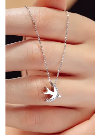 Kadın Gümüş Kolye - Swarovski Taşlı Tek Sıra Zirconia Ay Motifli Kuş Kadın Kolye