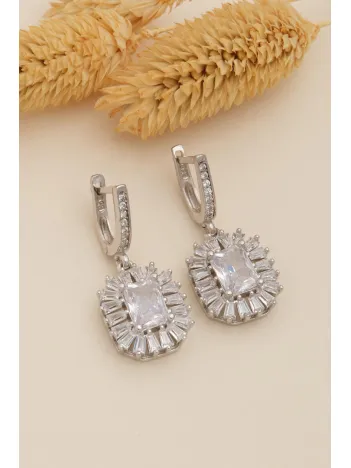 Kadın Gümüş Küpe - Kare Baget Taşlı Baget Süslemeli Rodyumlu Kadın Küpe