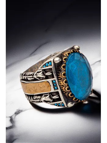 Erkek Mavi Zirkon Taşlı Gümüş Yüzük