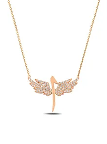 Zirkon Taşlı Rose Renk Kanatlı Elif Model Kadın Gümüş Kolye GKLKNTLELF1-ROS