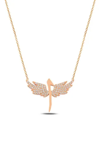 Zirkon Taşlı Rose Renk Kanatlı Elif Model Kadın Gümüş Kolye GKLKNTLELF1-ROS